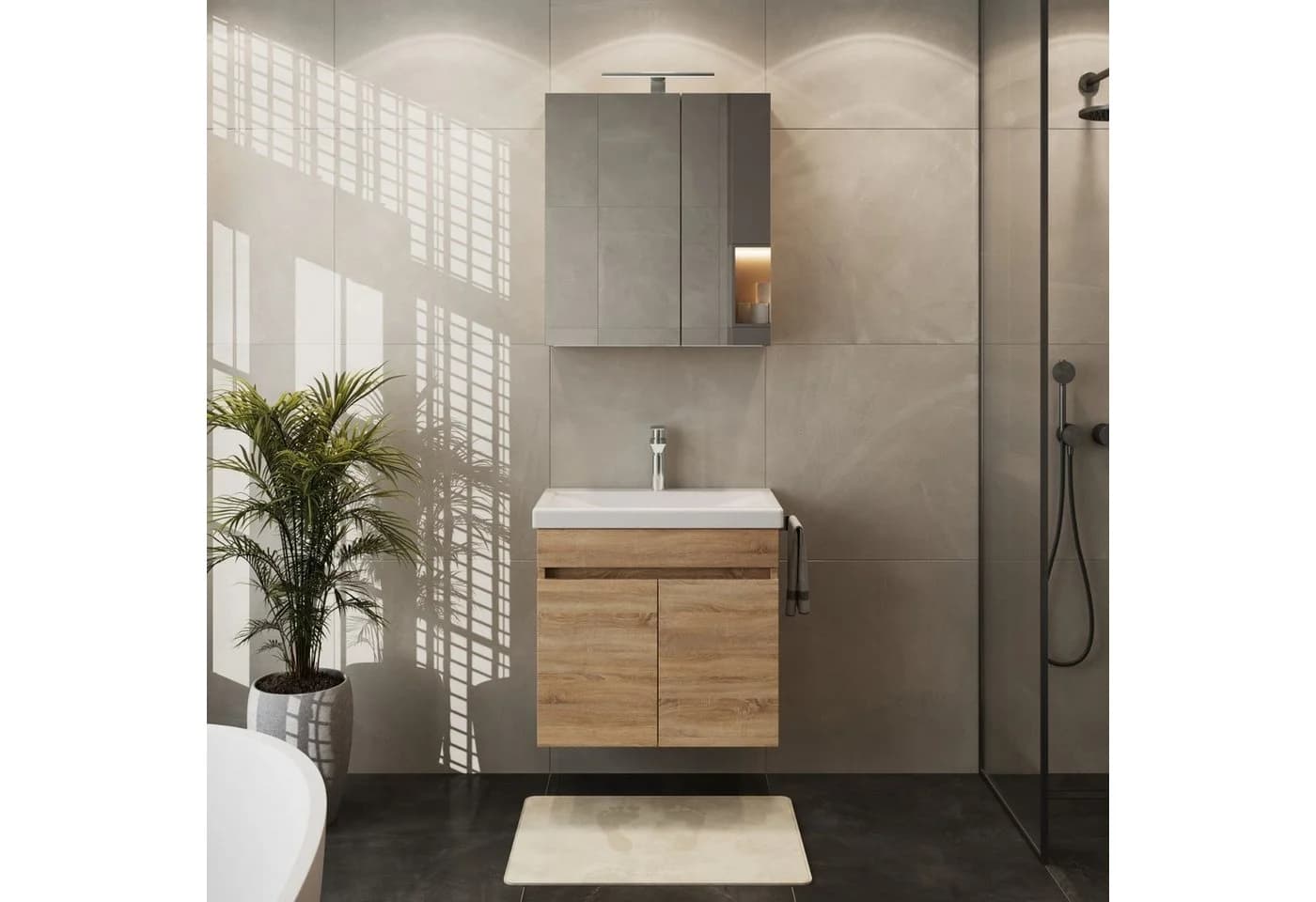 Planetmöbel Badmöbel-Set mit Waschbecken und Spiegelschrank Sonoma Eiche