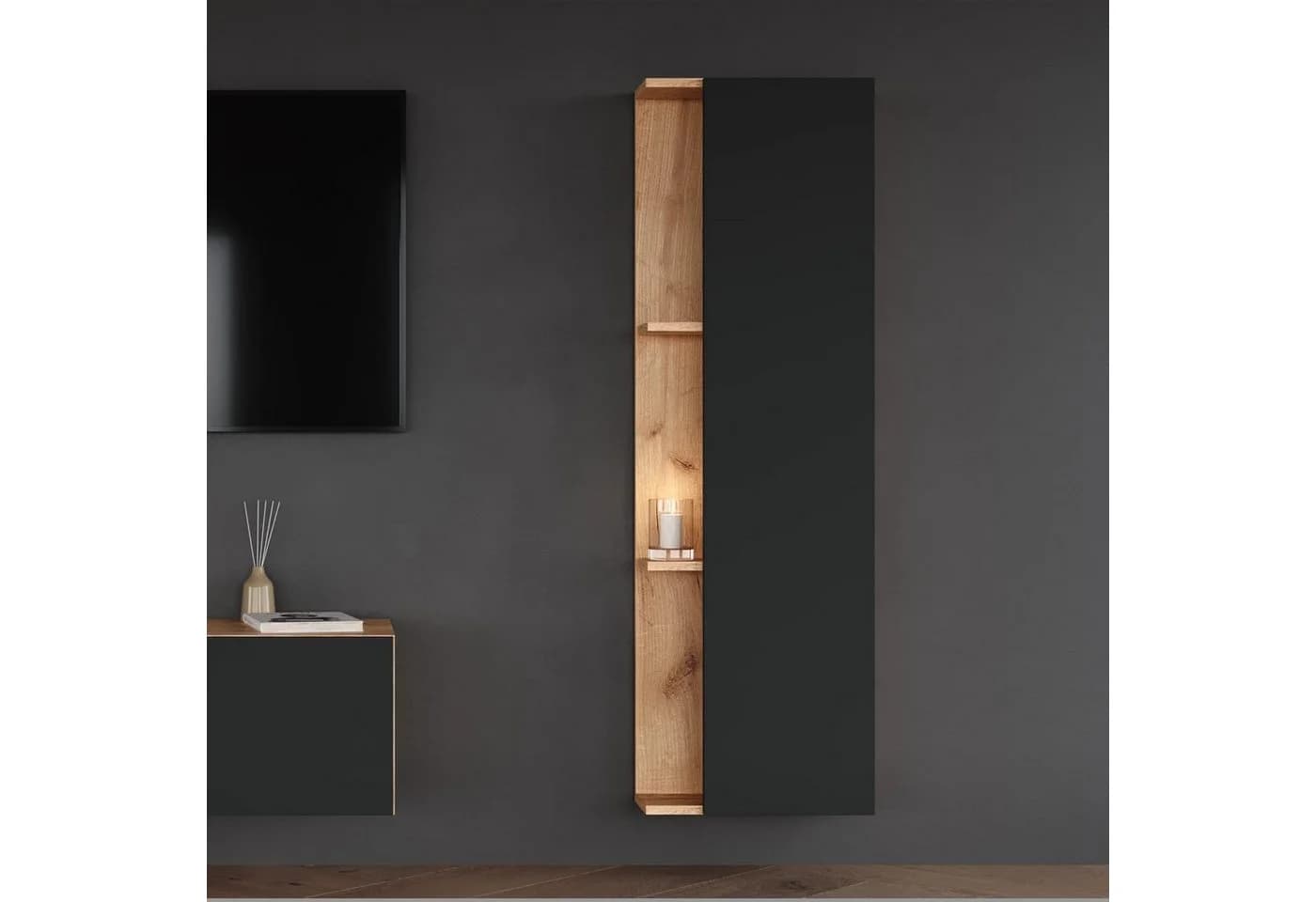 Planetmöbel Hochschrank LUX Seitenschrank 40 cm Gold Eiche Anthrazit