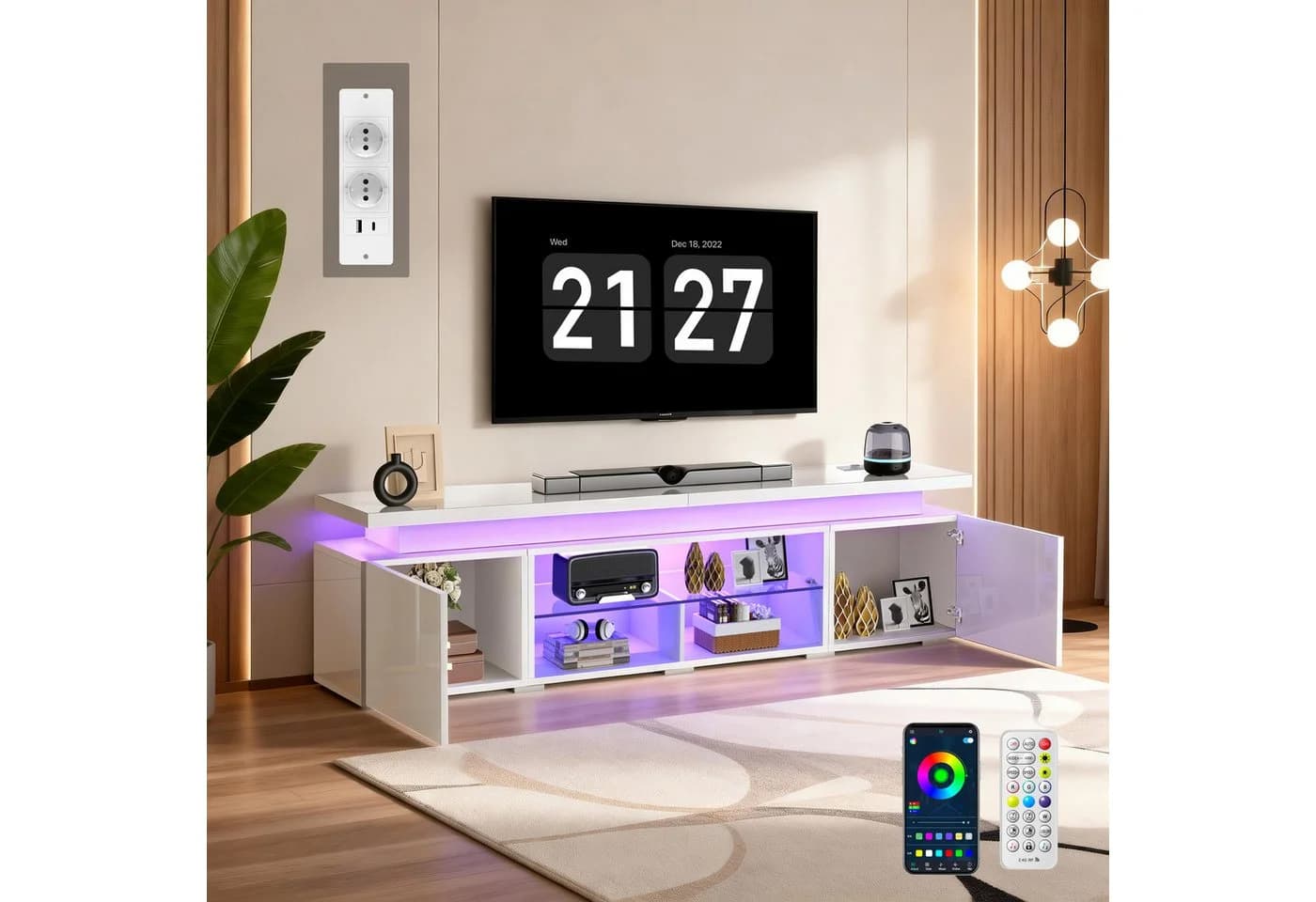 oyajia Lowboard TV-Schrank mit RGB-LED und Steckdosen für Fernseher bis 75 Zoll