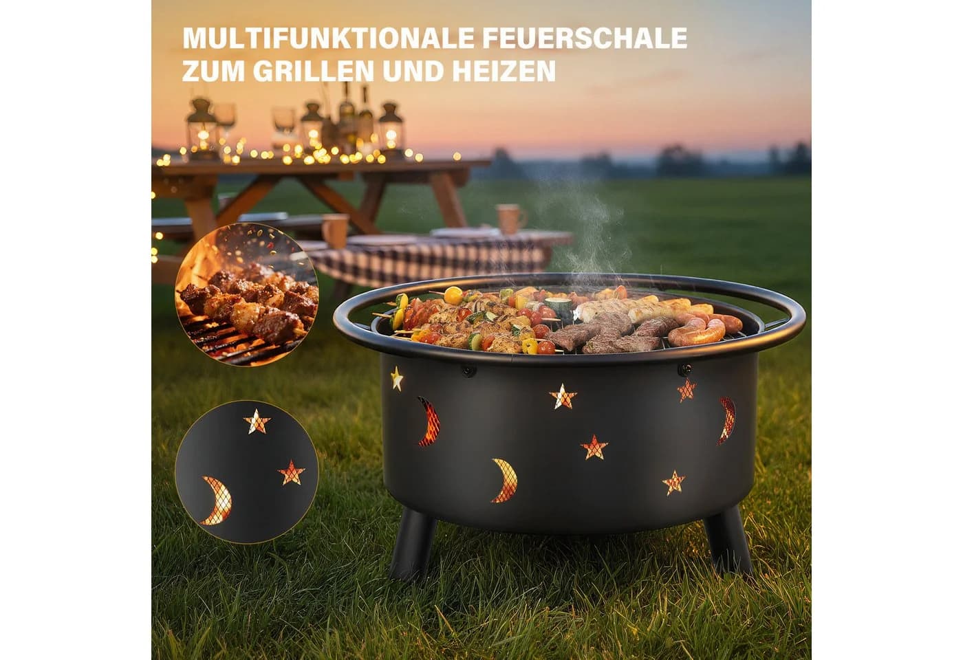 oyajia Feuerschale 73,5cm Stahl Grillrost Funkenschutz Schwarz