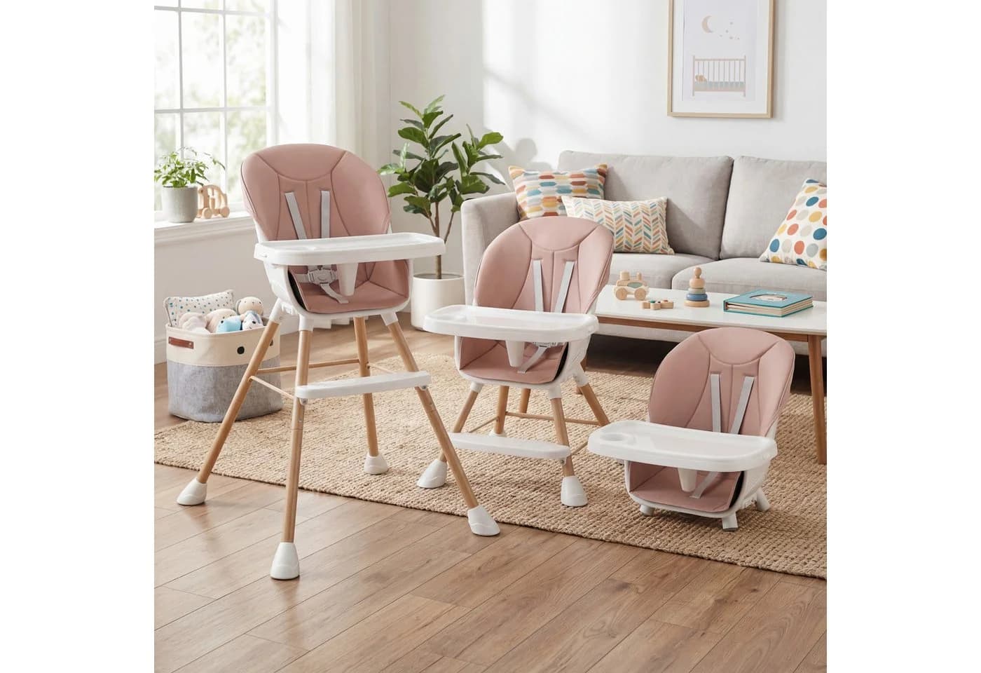 oyajia Kinderstuhl 3-in-1 Rosa Beige mit Tablett und 5-Punkt-Gurt