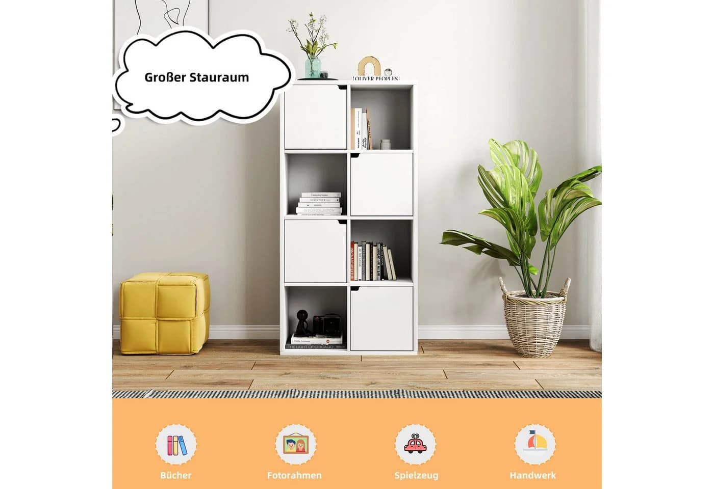 oyajia Bücherregal Weiß 8 Fächer 4 Türen Modern