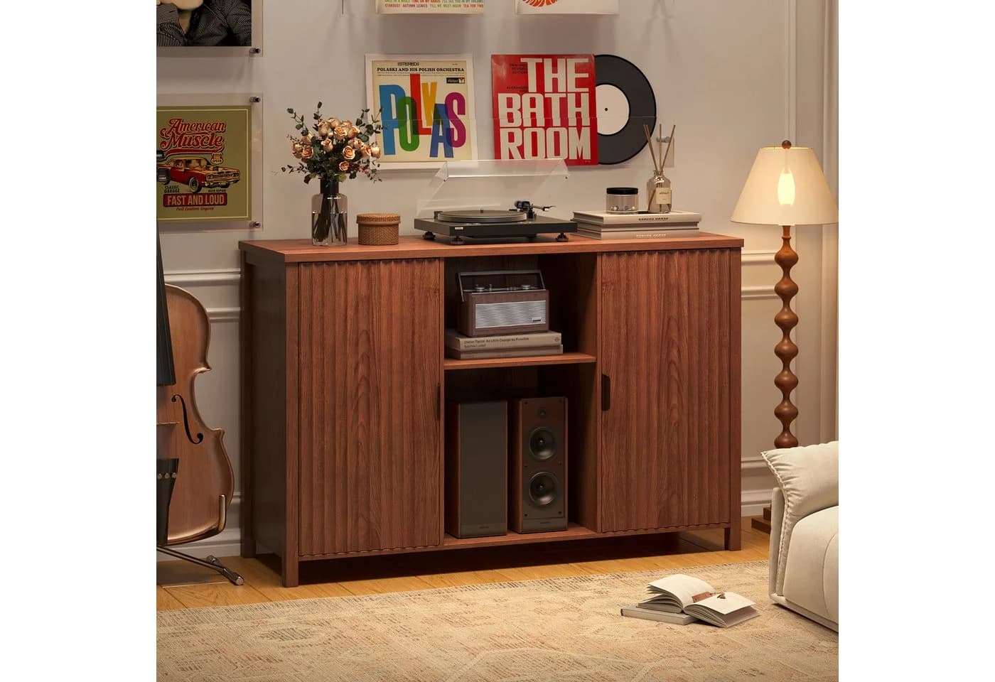 BROTTAR Sideboard Plattenspieler-Schrank Braun Rillentüren
