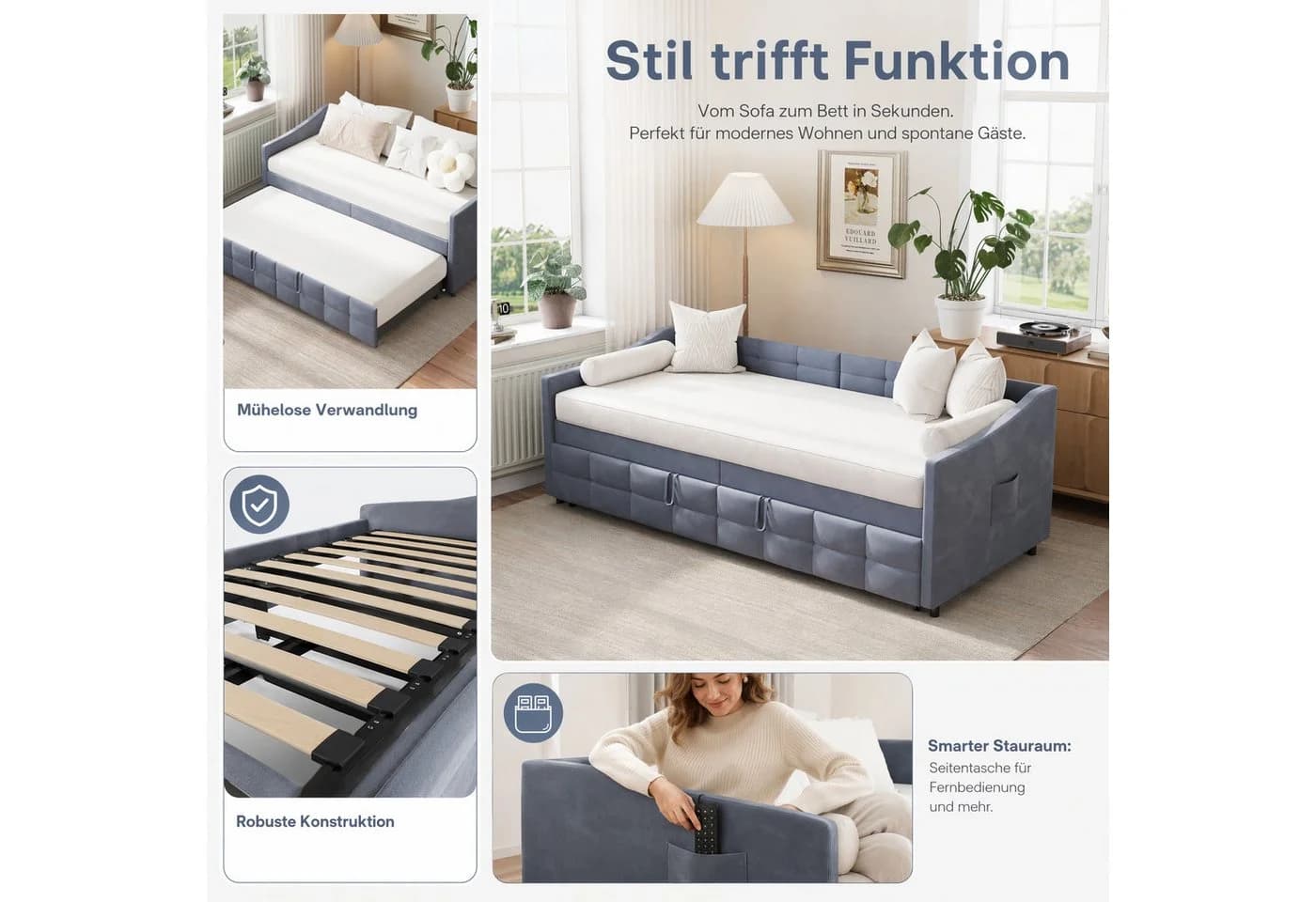 Simurq Schlafsofa grau Samt mit Lattenrost