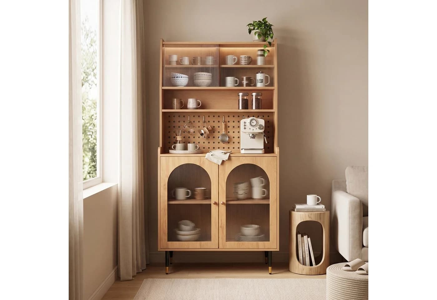 Jiexi Highboard 160cm mit Lochwand & Riffelglas Eiche