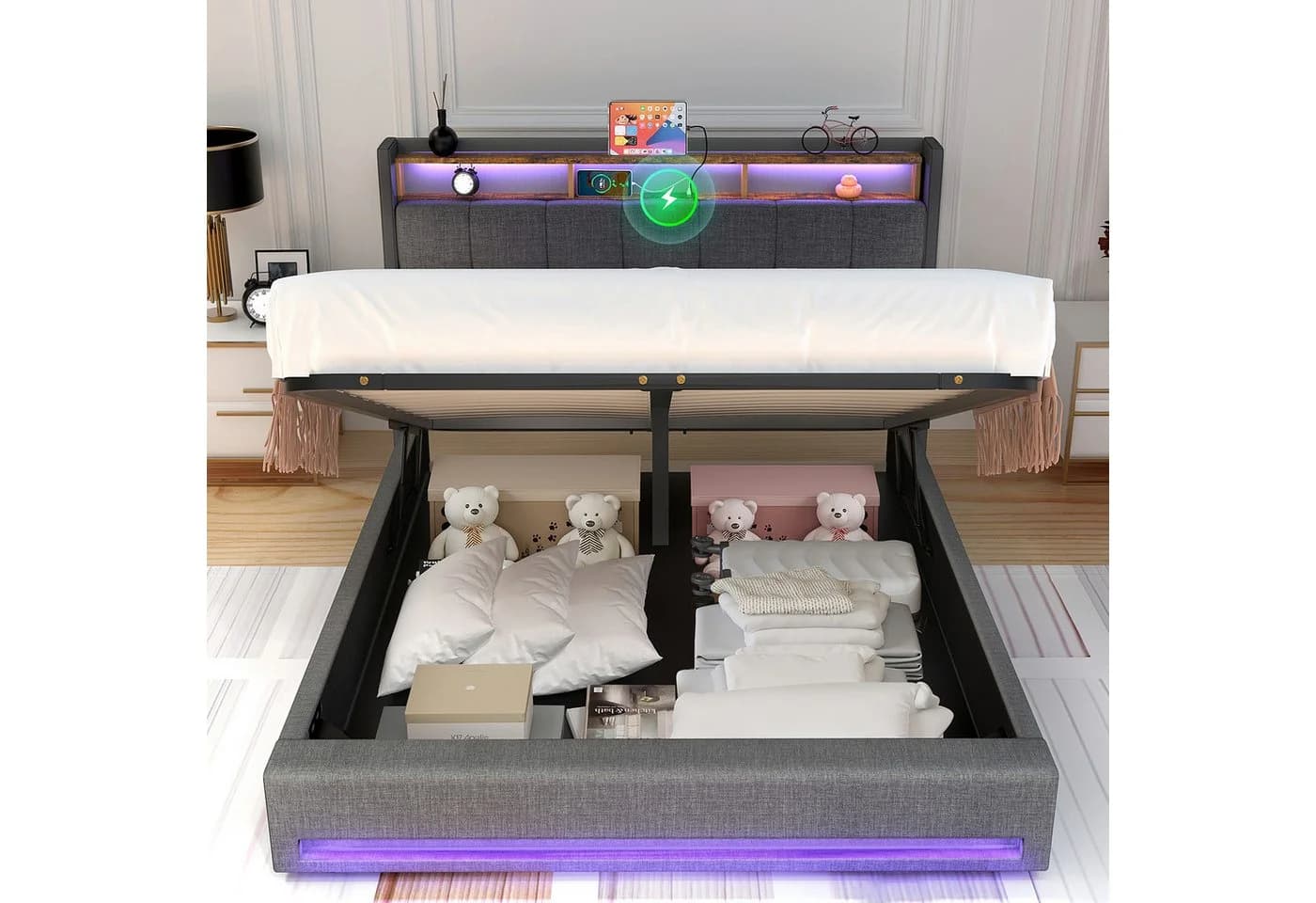 oyajia Polsterbett Doppelbett mit LED-Licht 140x200 cm, Hydraulisch anhebbarer Stauraumbett
