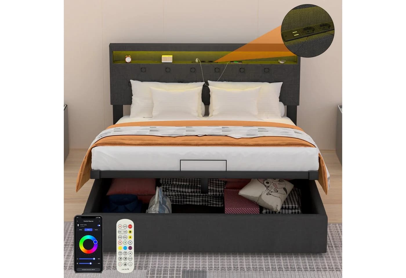 oyajia Stauraumbett LED Doppelbett Grau