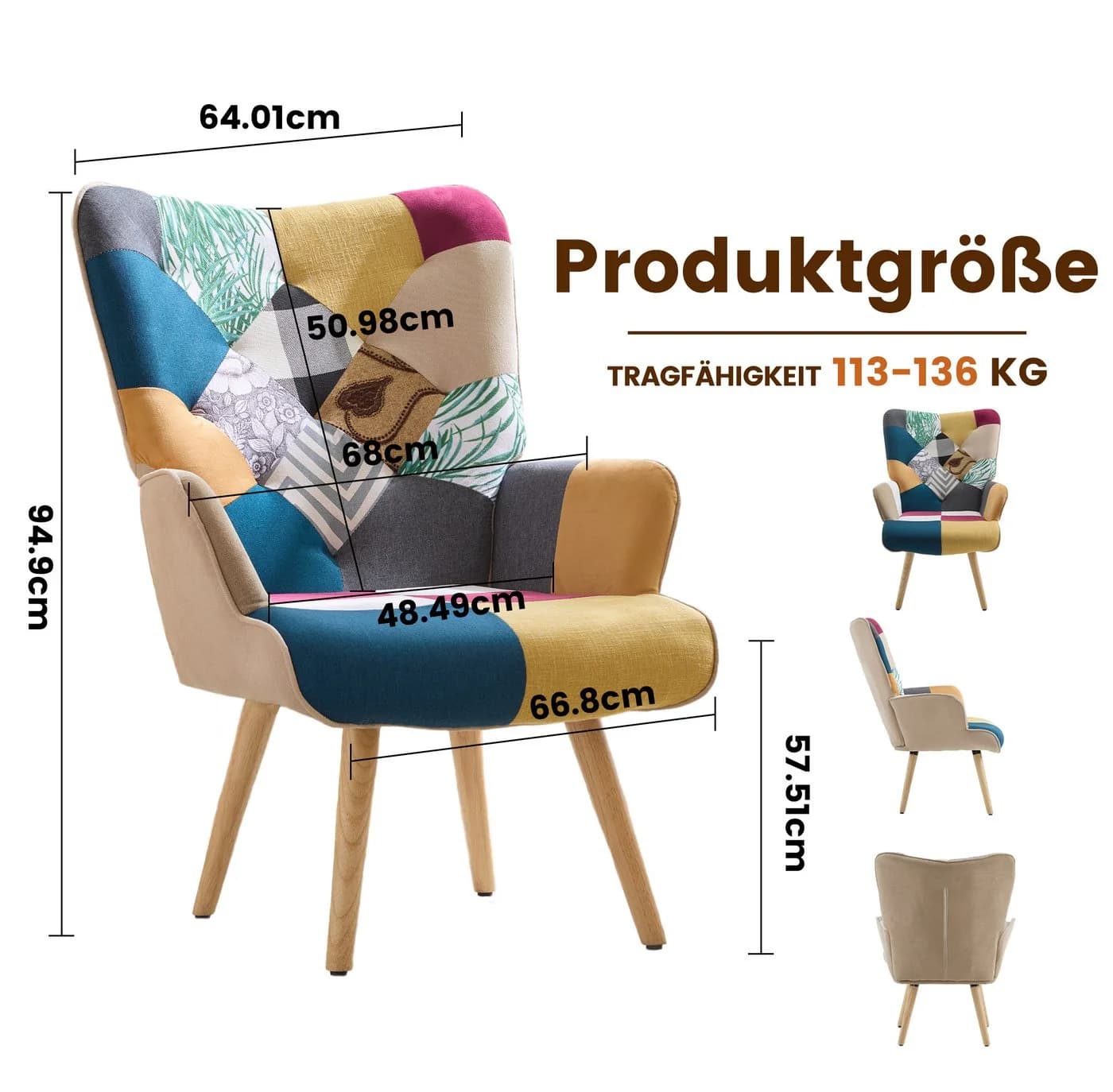 Aunekiv Polstersessel Bunt Patchwork Mid-Century Massivholz