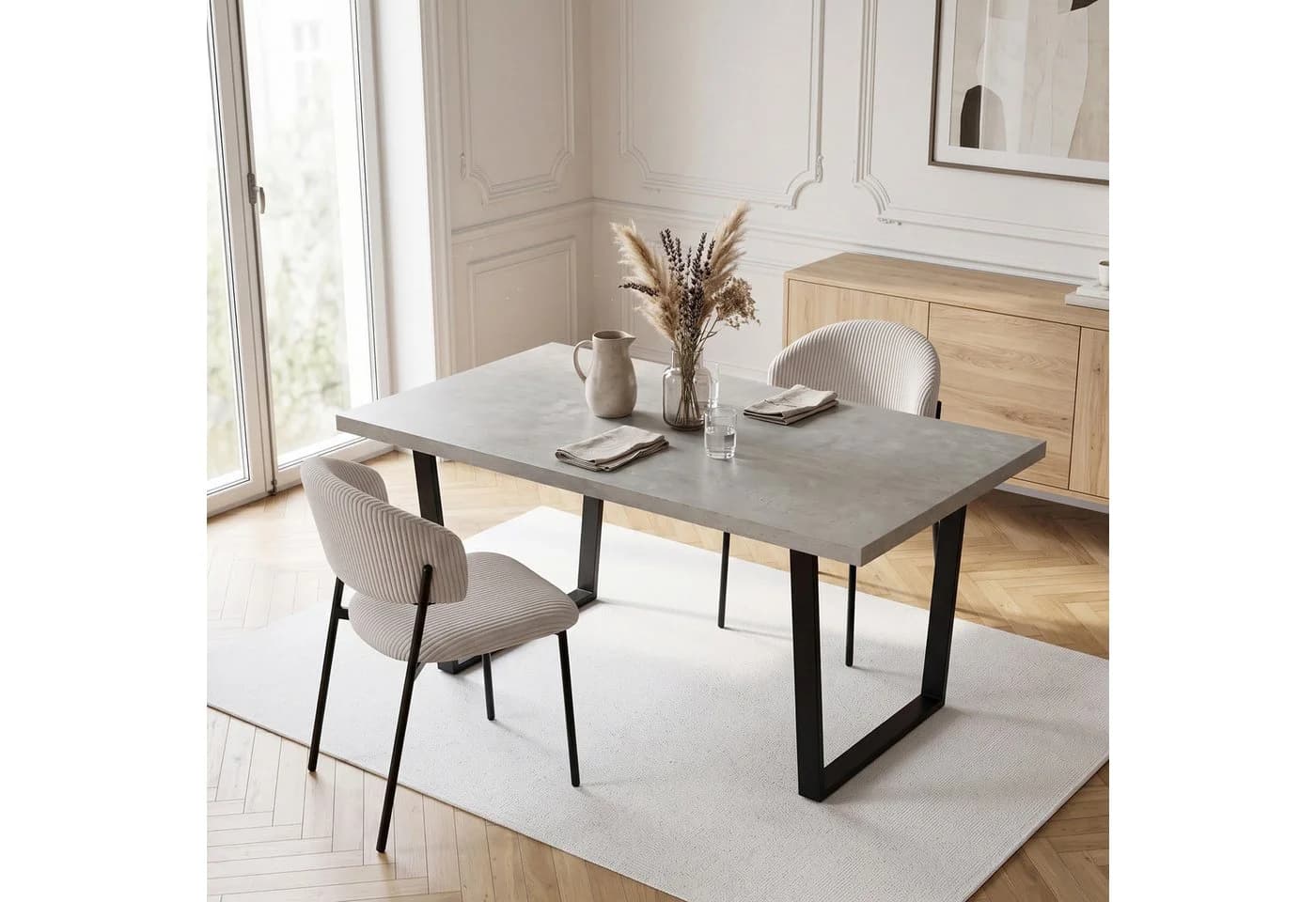 Jiexi Essgruppe 110x70cm mit Cord-Stühlen Grau/Schwarz