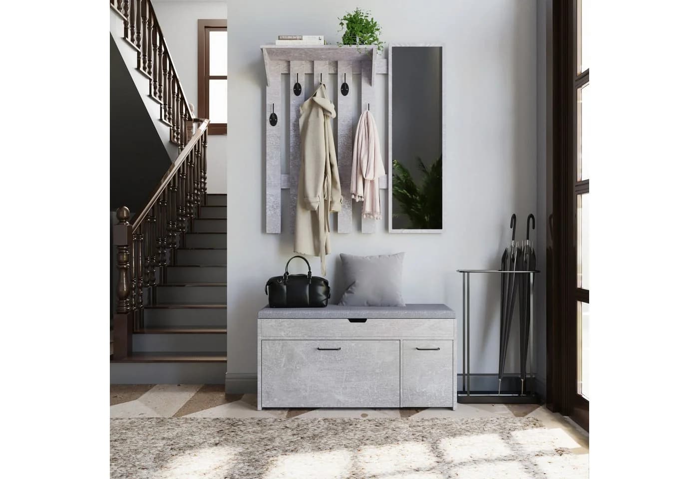 Mondeer Garderoben-Set Grau mit Spiegel, Haken und Schuhbank