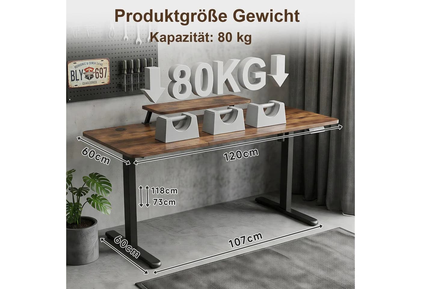 AIMAX Höhenverstellbarer Schreibtisch Braun mit Monitorhalter