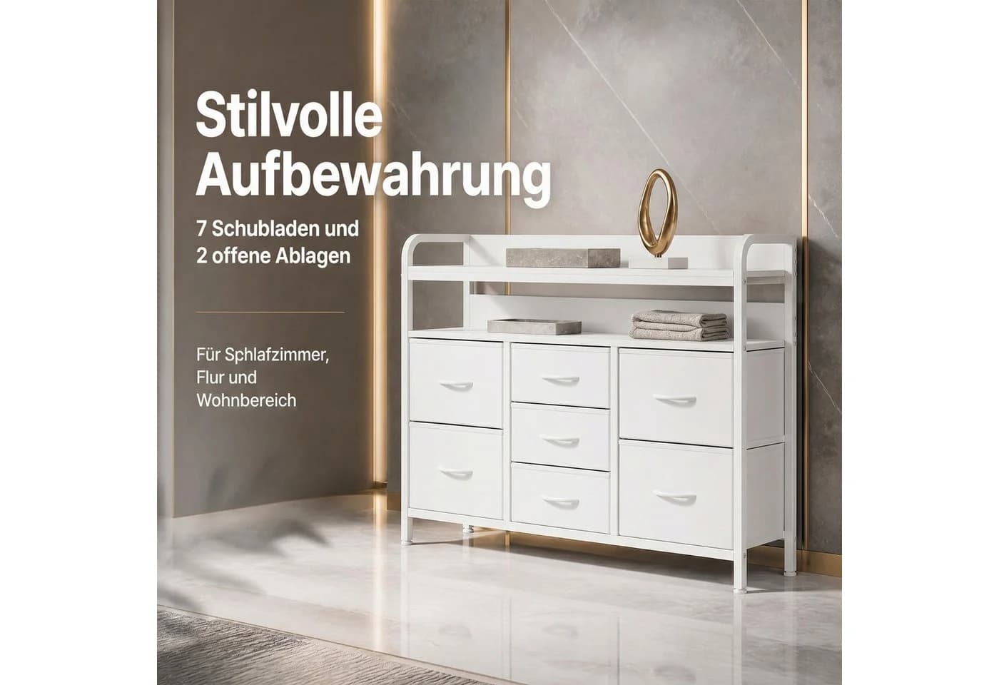 Refined Living Stoffkommode 7 Schubladen Weiß Metallrahmen