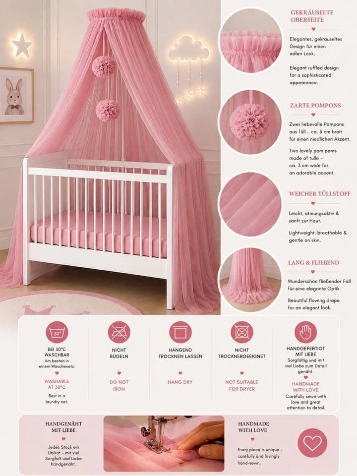 Baby Fancyroom Betthimmel Rosa 12 Meter Tüll Kinderbett Gitterbett