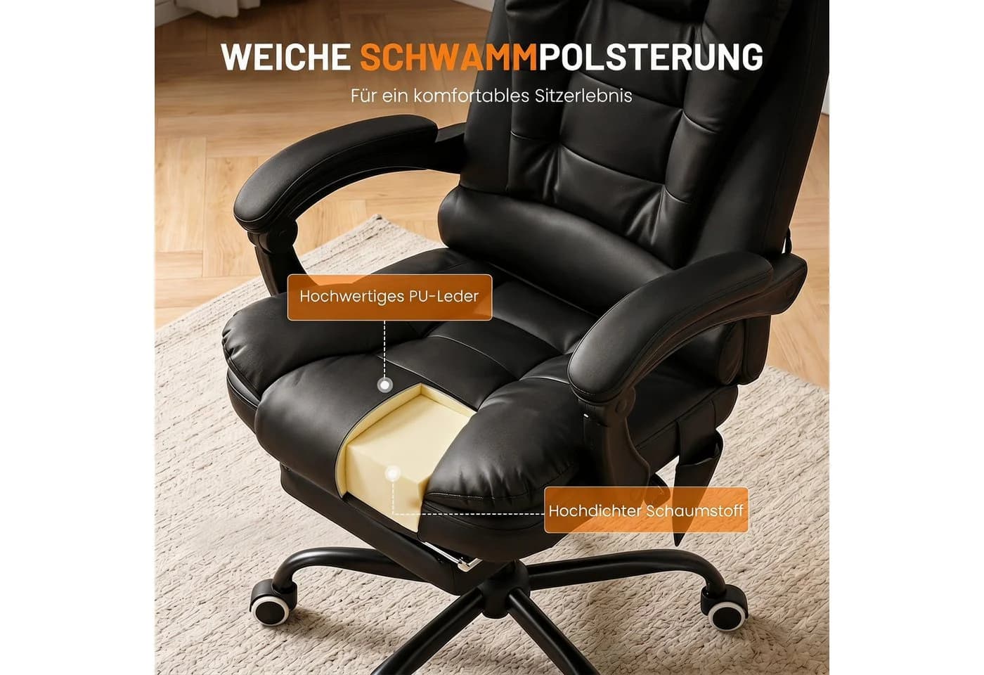 oyajia Bürostuhl Schwarz Kunstleder Massage Höhenverstellbar
