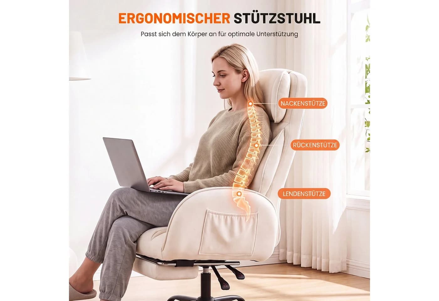 oyajia Chefsessel Ergonomisch Chenille Beige mit Fußstütze