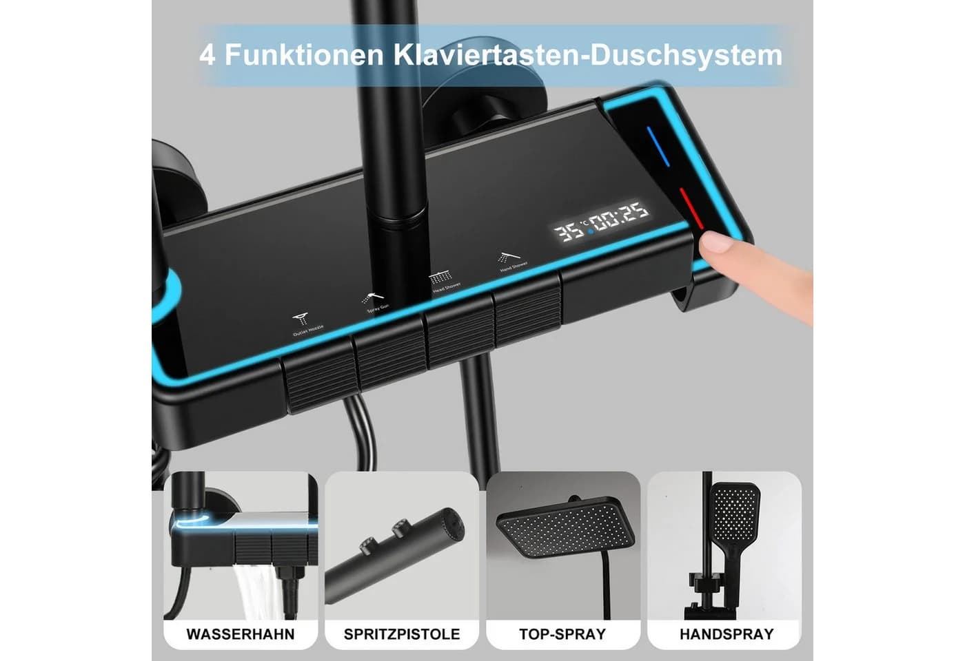 oyajia Duschsystem Schwarz mit LED-Panel, 4 Wasserauslässe, höhenverstellbar