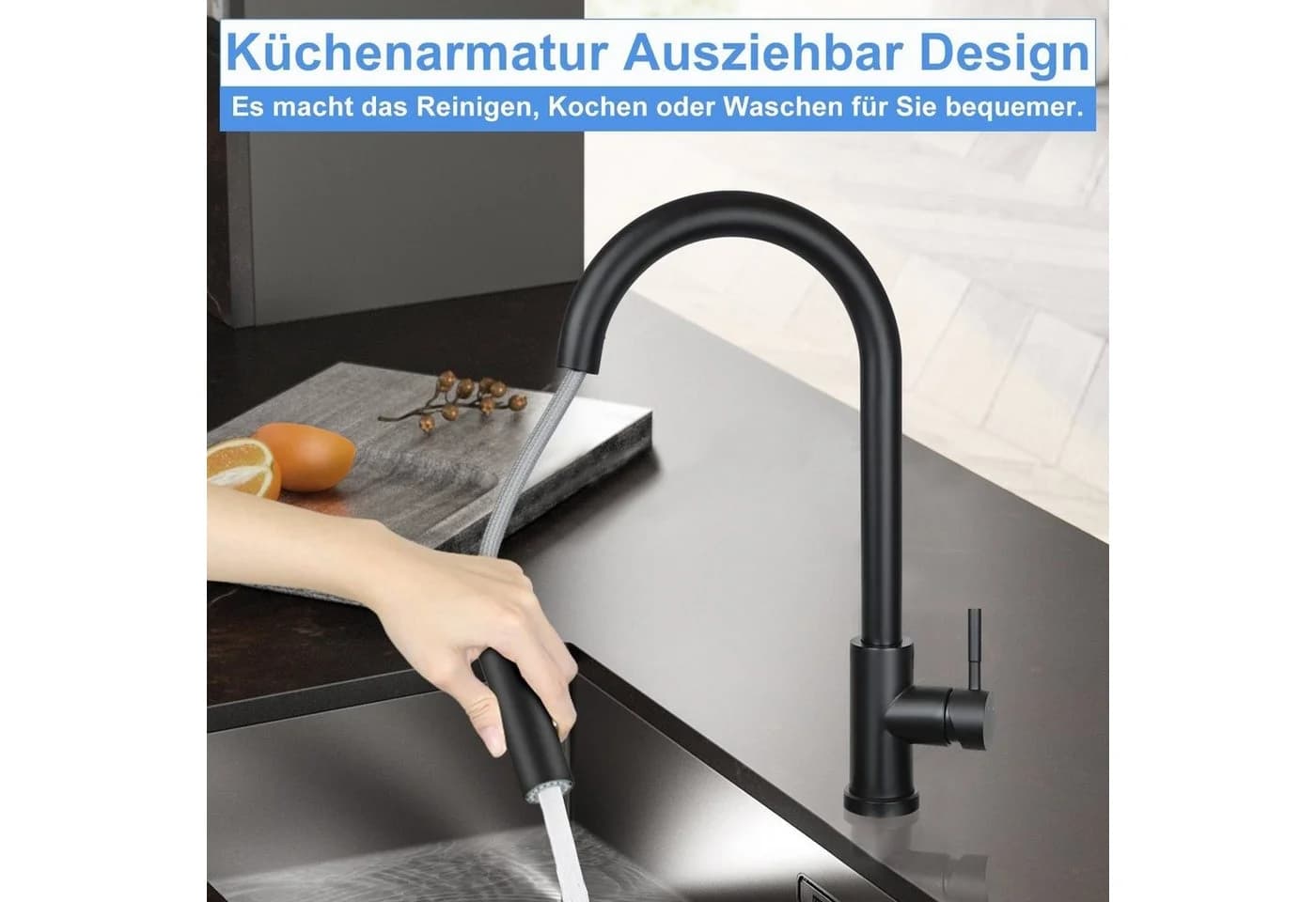 Nettlife Küchenarmatur Wasserhahn Schwarz Ausziehbar 360° Drehbar Edelstahl