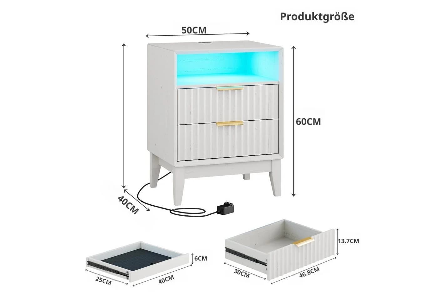 LVSOMT Nachttisch Mid-Century Modern Weiß mit LED & Ladestation