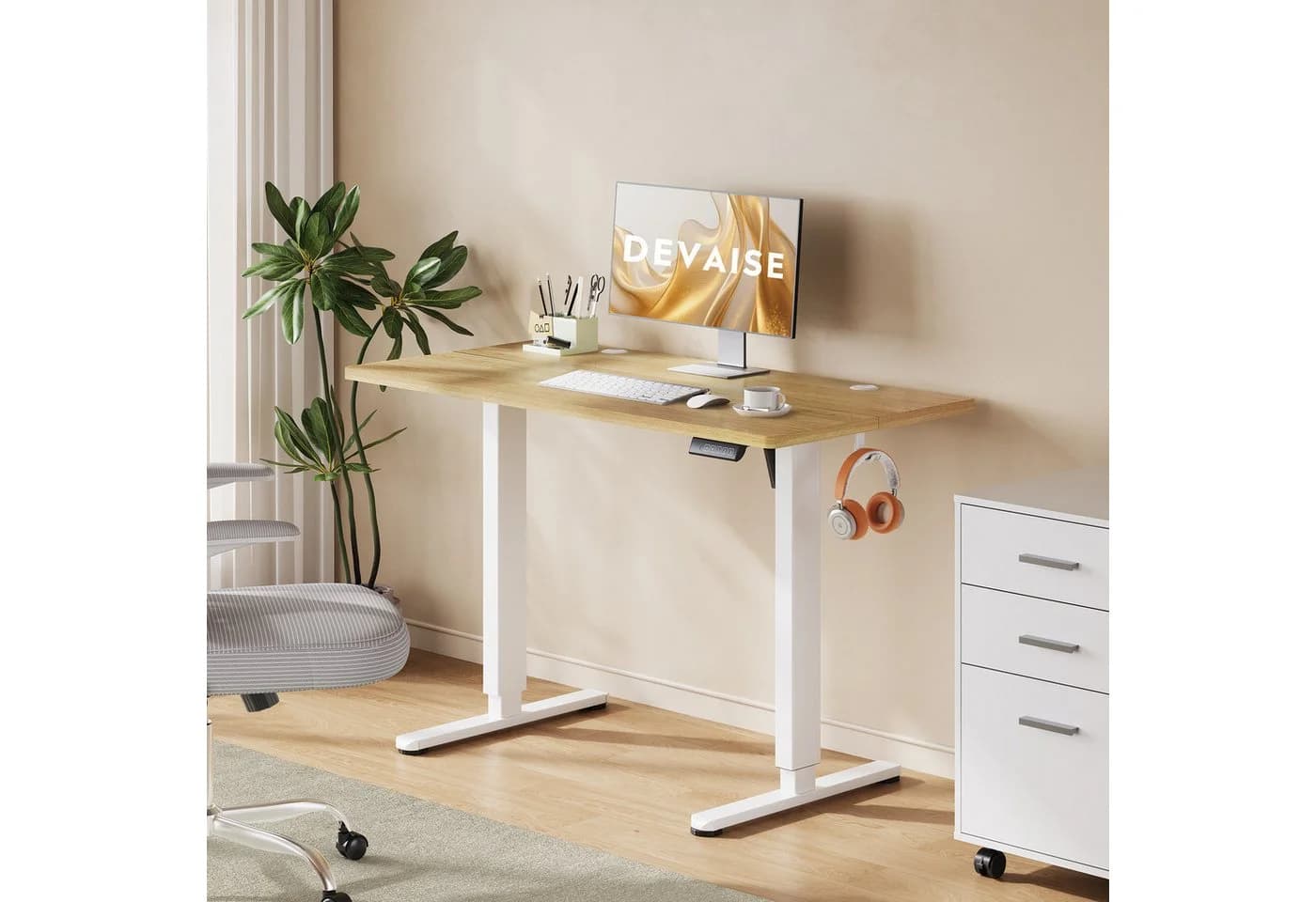 DEVAISE Höhenverstellbarer Schreibtisch 120x60 cm Eiche