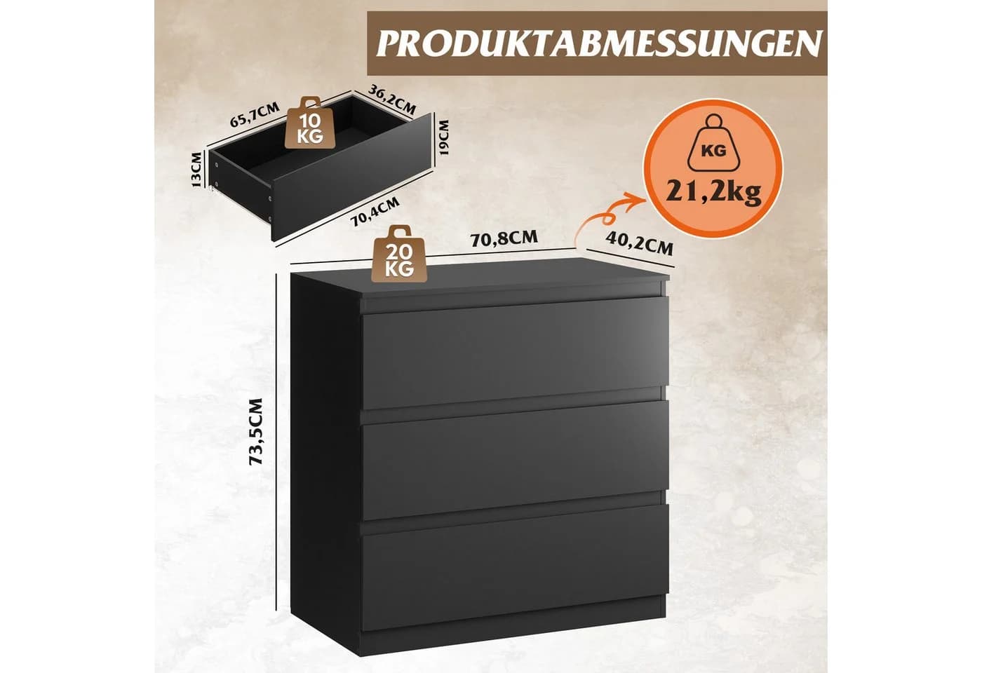 WLIVE Kommode 3-Schubladen Schwarz Modernes Design