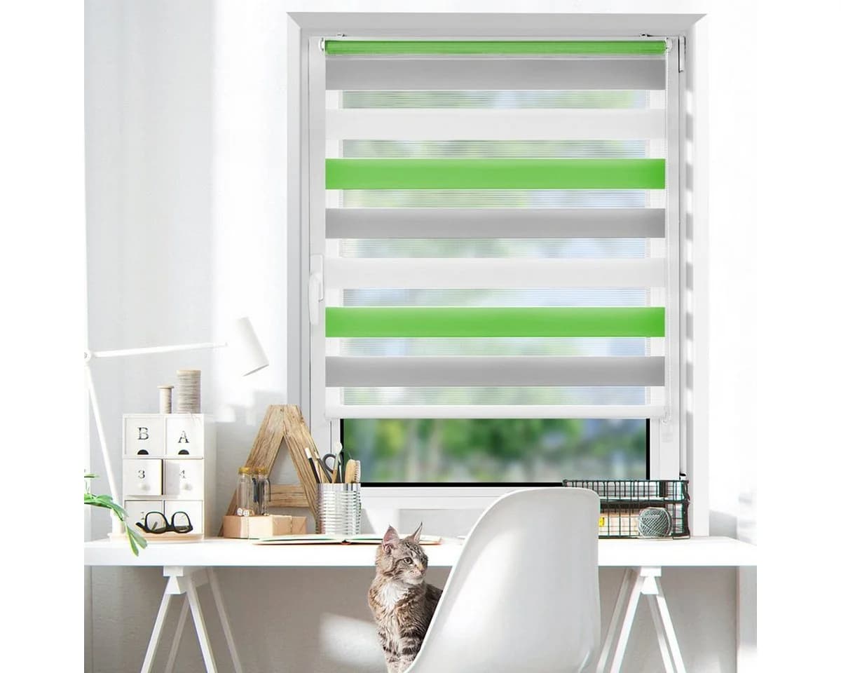 OUBO Doppelrollo 130cm Bohrfrei Lichtschutz Grün-Grau-Weiß