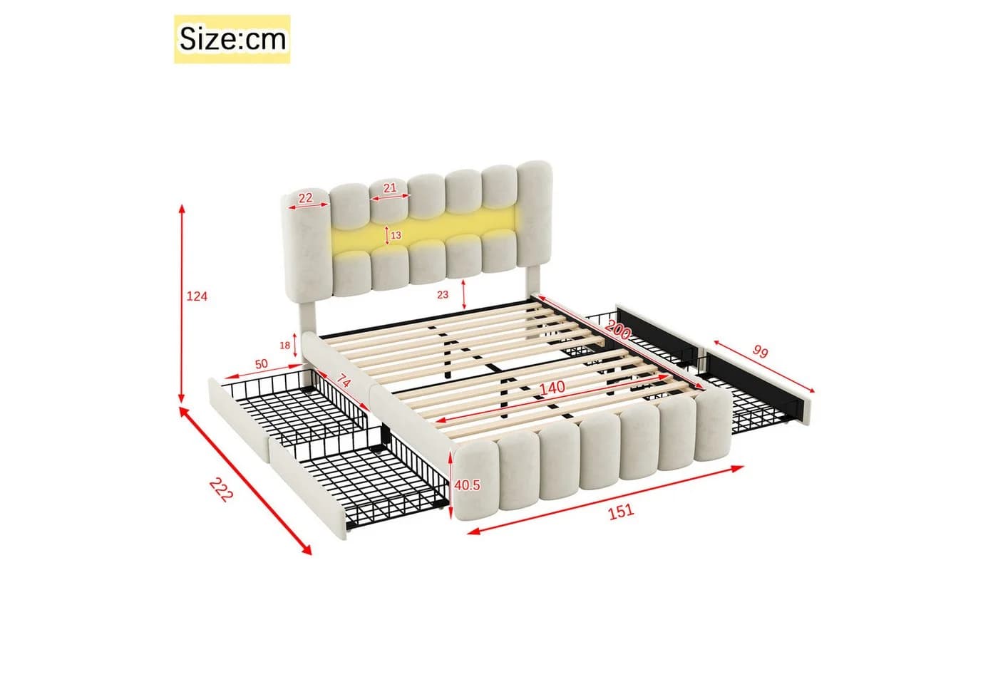 TavilaEcon Polsterbett Doppelbett Beige/Grau mit LED-Lichtleiste und USB