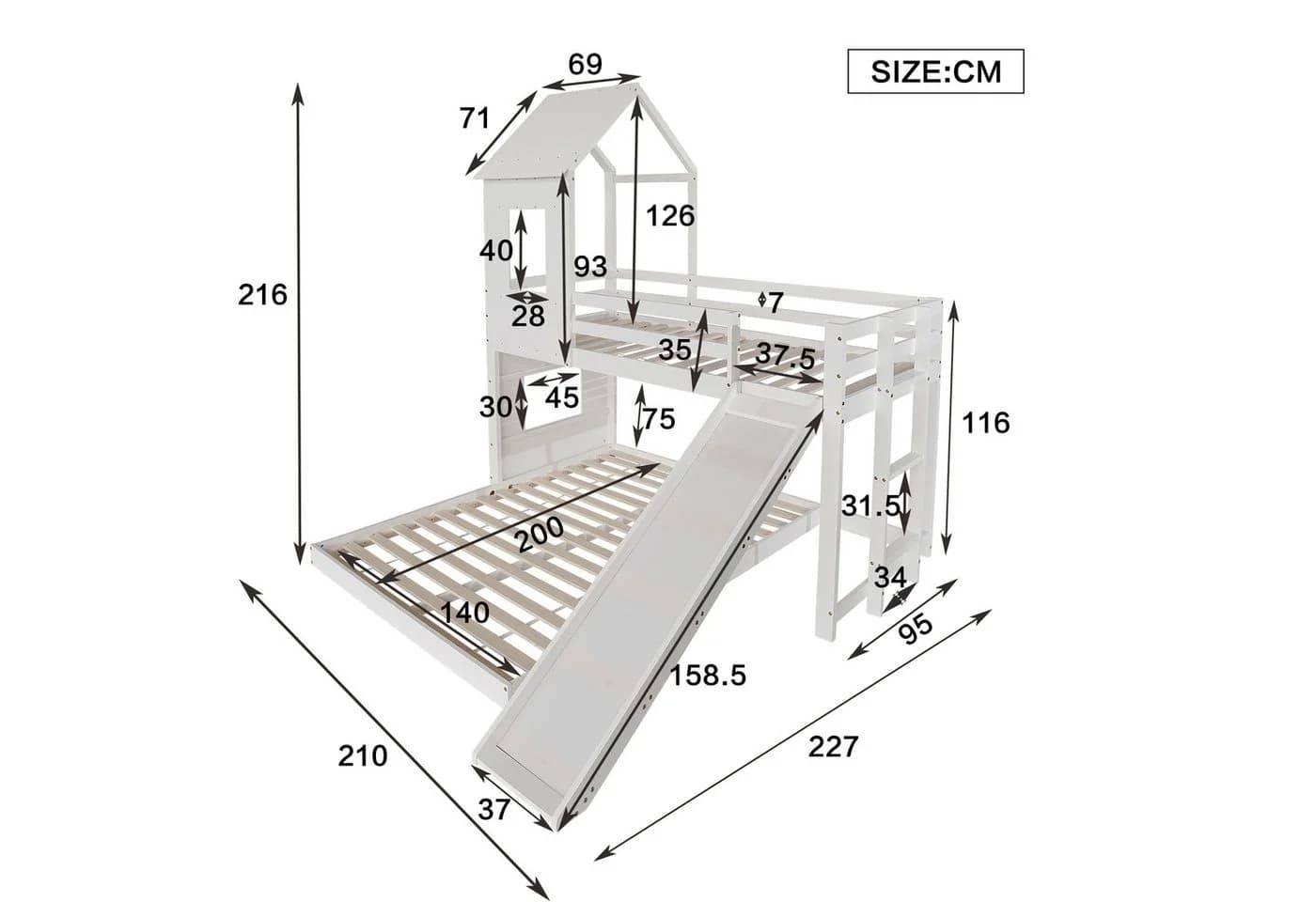 Charmantes Etagenbett aus Kiefer, MDF und Holz in Weiß