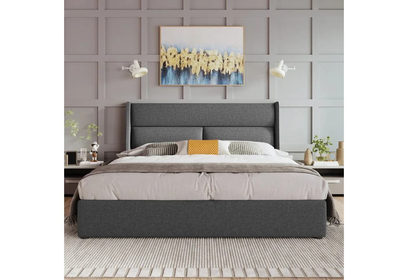 TavilaEcon Boxspringbett Polsterbett Grau Massivholz