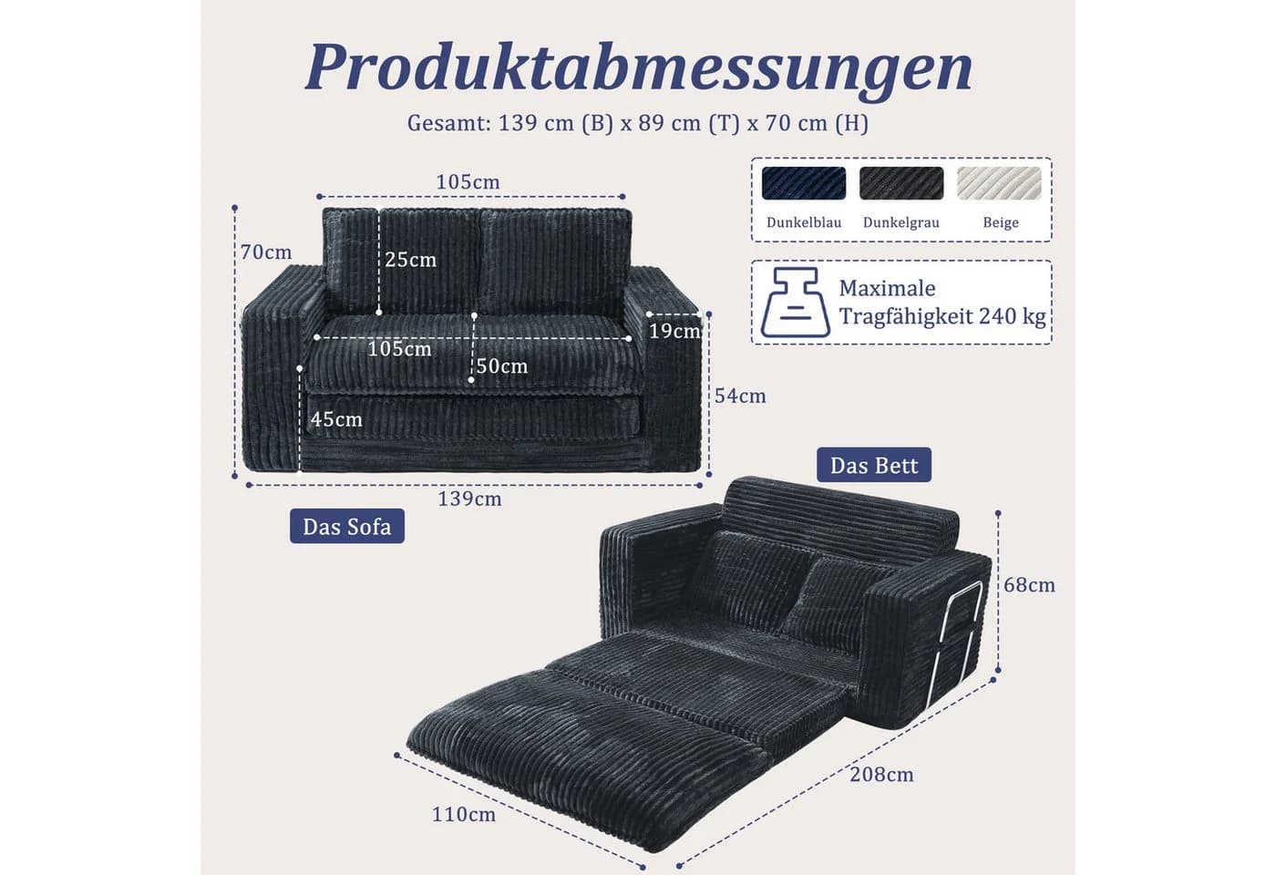 HomeMiYN Schlafsofa 2-Sitzer Grau Beige Blau mit Bettfunktion