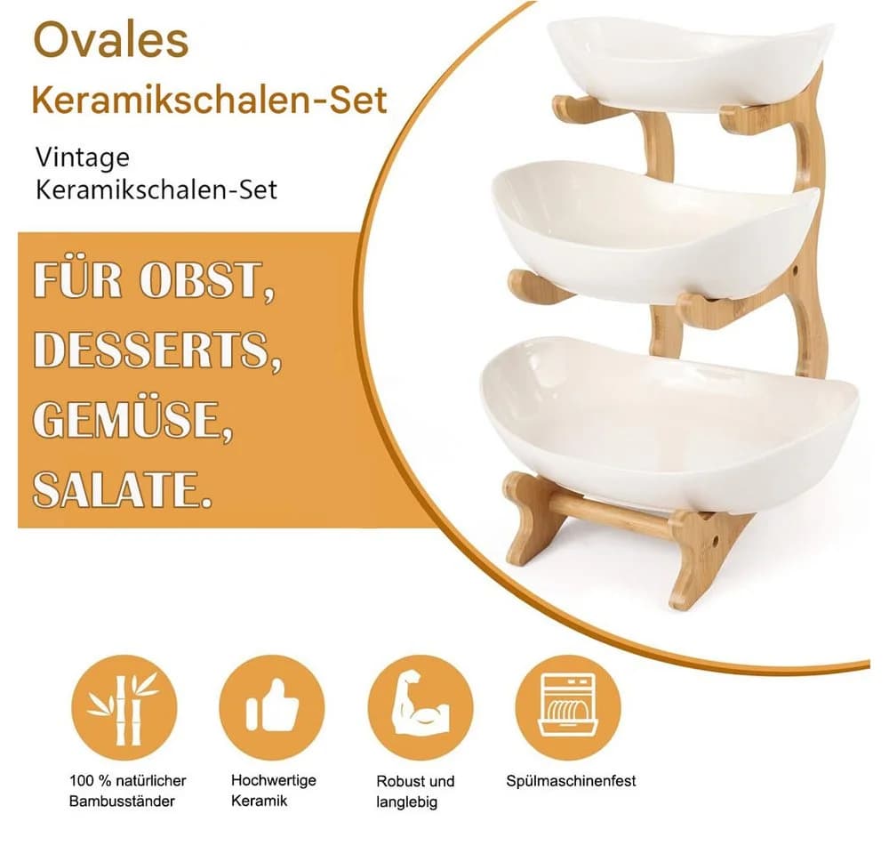 SURFOU 3-stufige Obst Etagere aus Keramik & Bambusholz Weiß