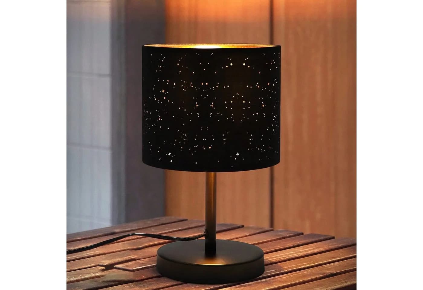 Nettlife Nachttischlampe Sternenhimmel Schwarz & Gold Stoffschirm