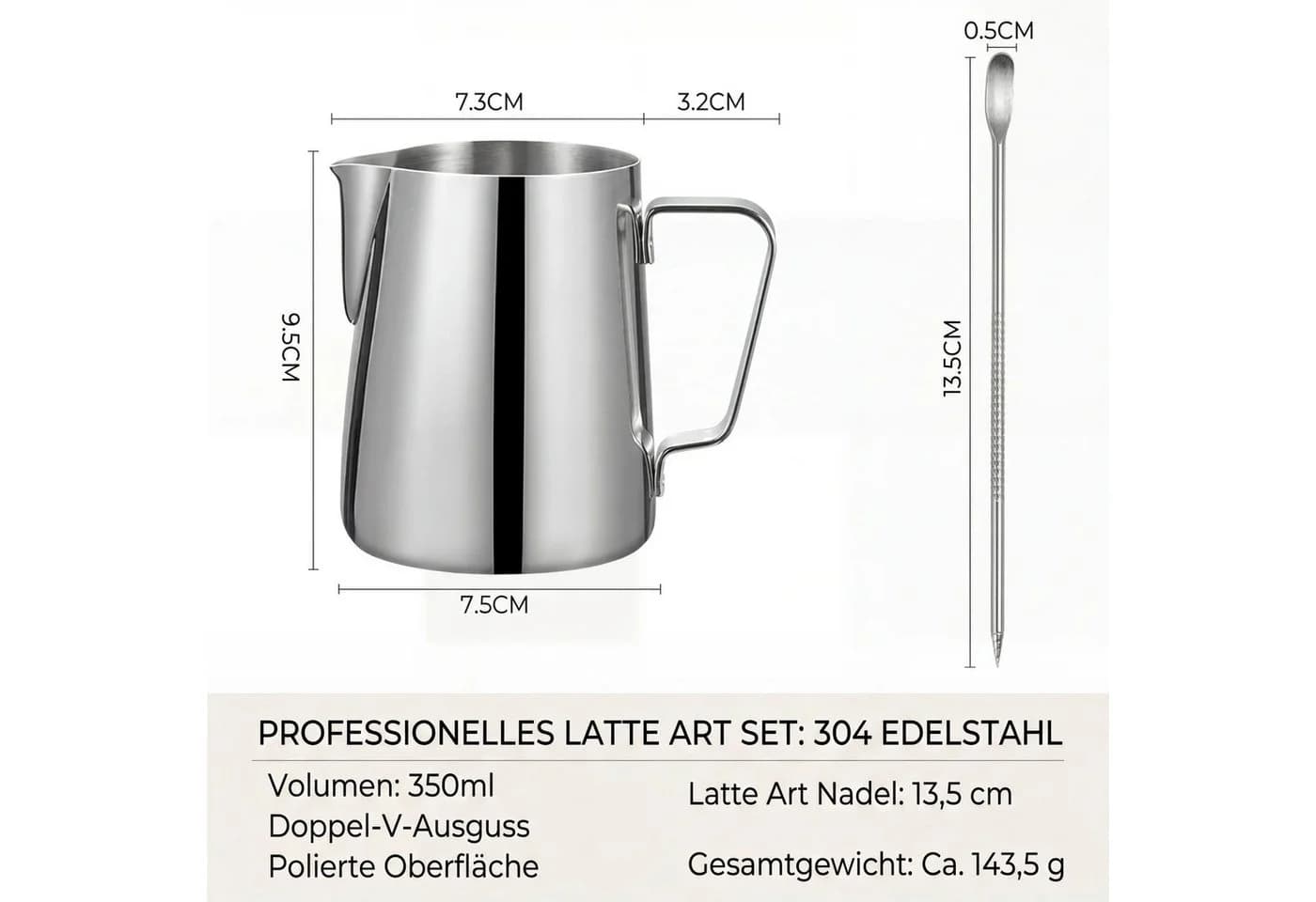 JASLIFE Milchkännchen Barista Edelstahl 350/600 ml mit Skala & Latte-Art-Stift