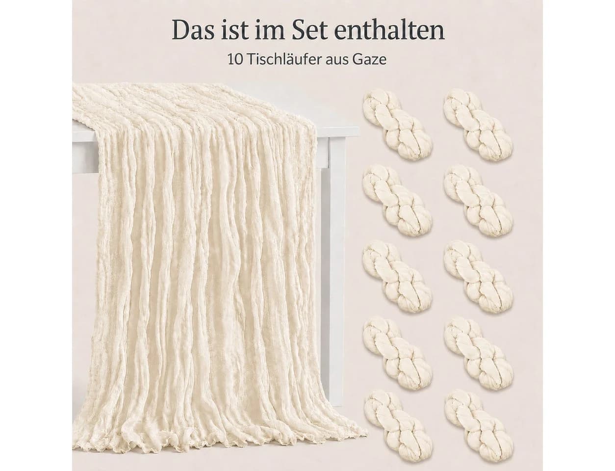JASLIFE Tischläufer Käsetuch Gaze 10-tlg. Elfenbeinweiß Boho
