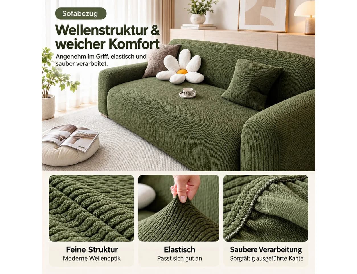 JASLIFE Sofahusse Stretch-Wellenstruktur Grün