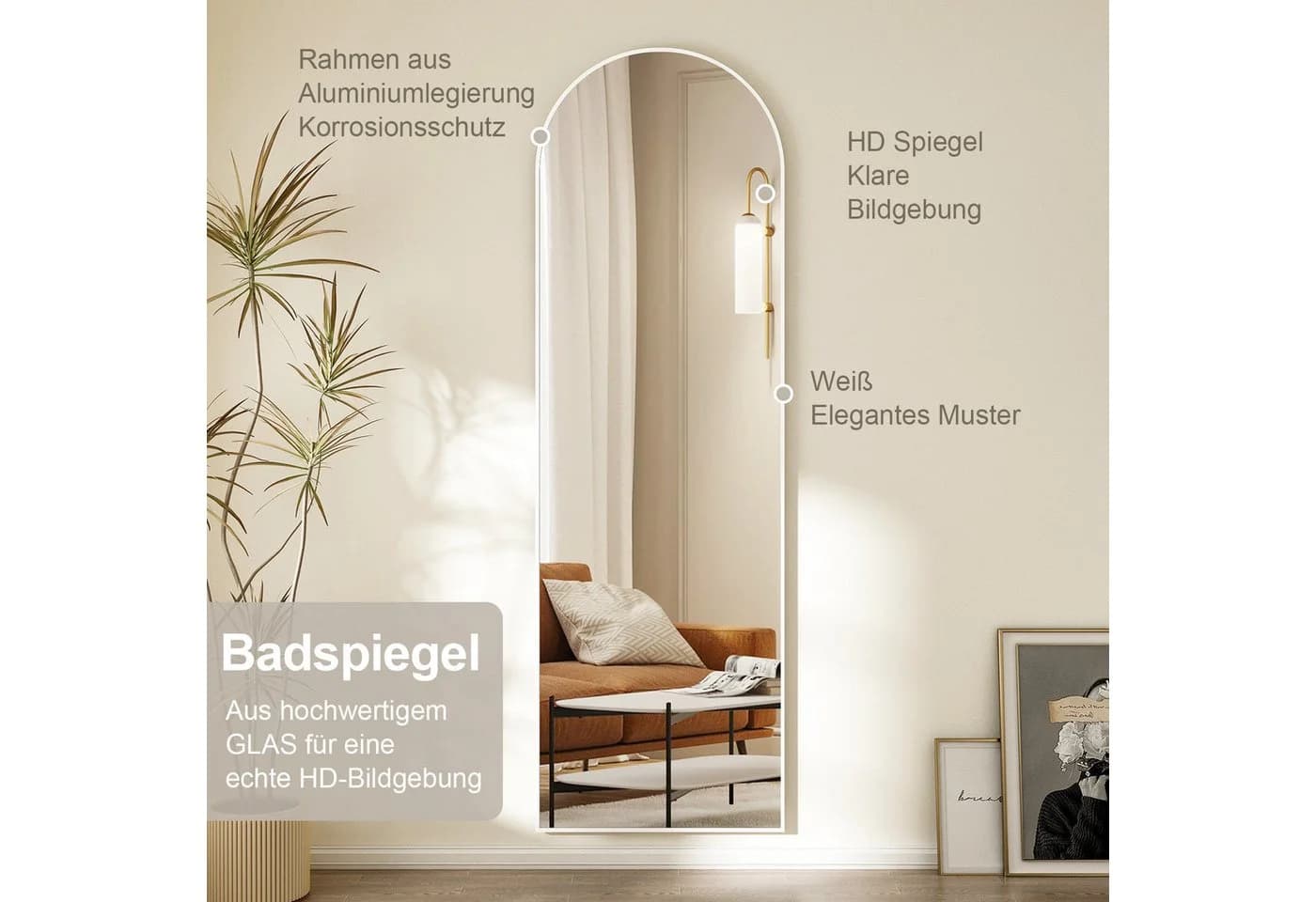 Hopibath Wandspiegel Ganzkörper Weiß mit Alurahmen