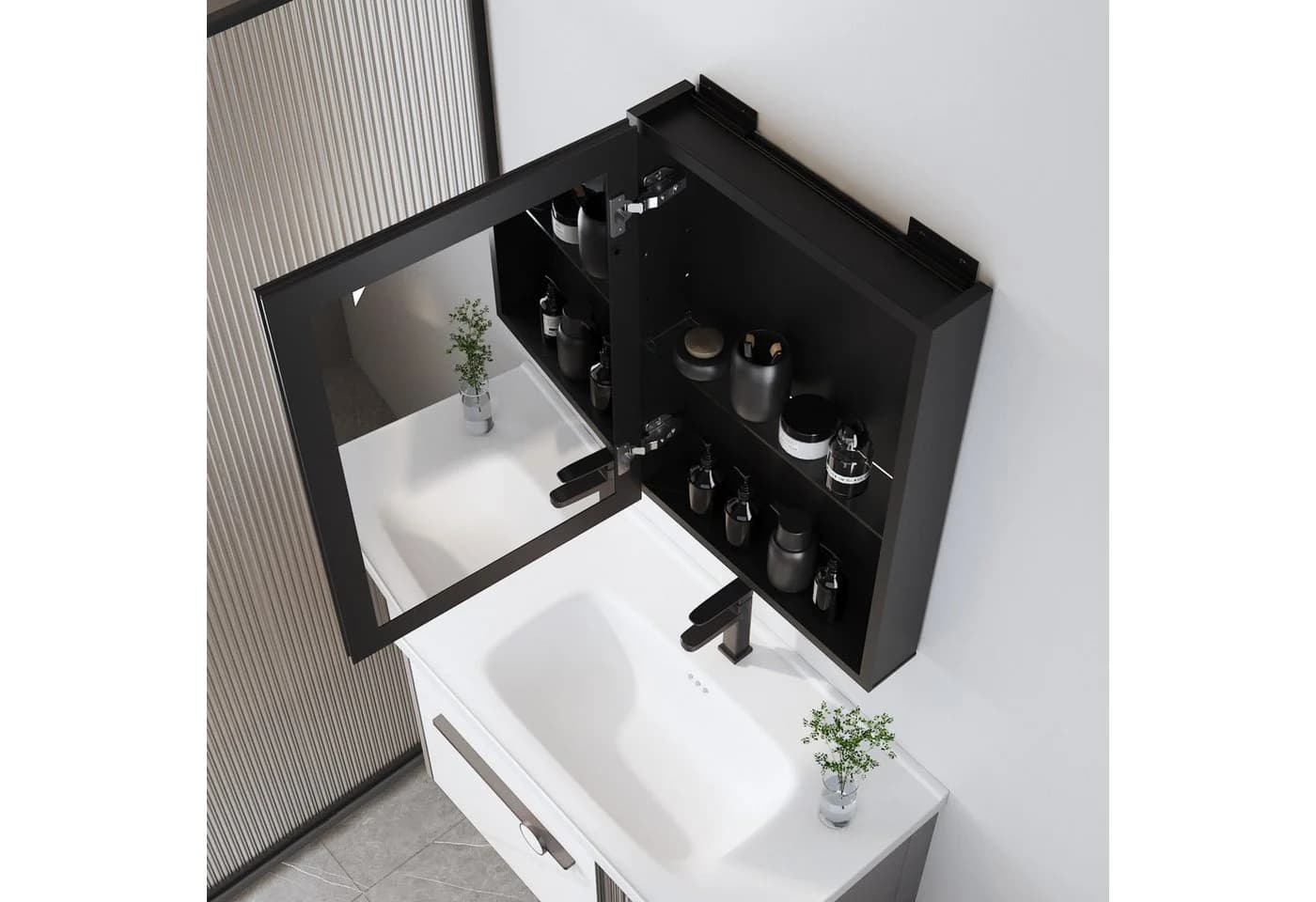 Boromal Badspiegel mit Schrank Schwarz Eckig Aluminium