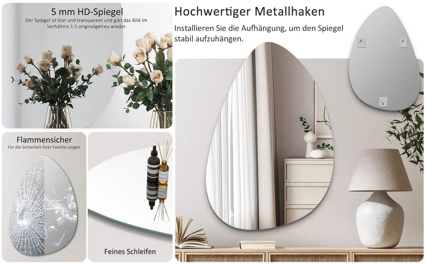 Hopibath Asymmetrischer Spiegel Wassertropfen 45x70 cm Rahmenlos Modern