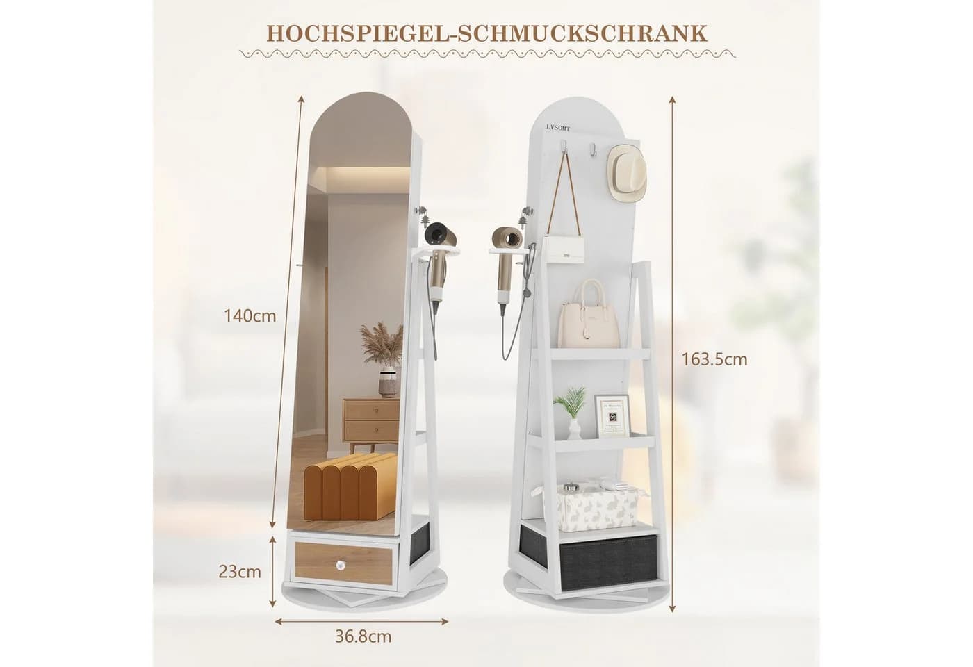 LVSOMT Schmuckschrank 360° Drehbar LED Bogen Schmuckschrank Weiß
