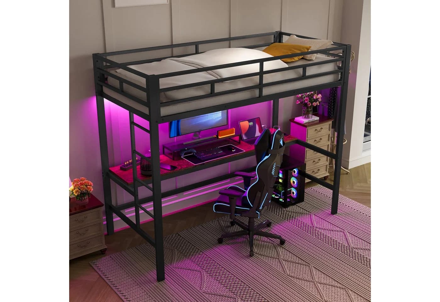 TavilaEcon Hochbett mit Tisch, LED-Beleuchtung und USB-Anschlüssen Schwarz