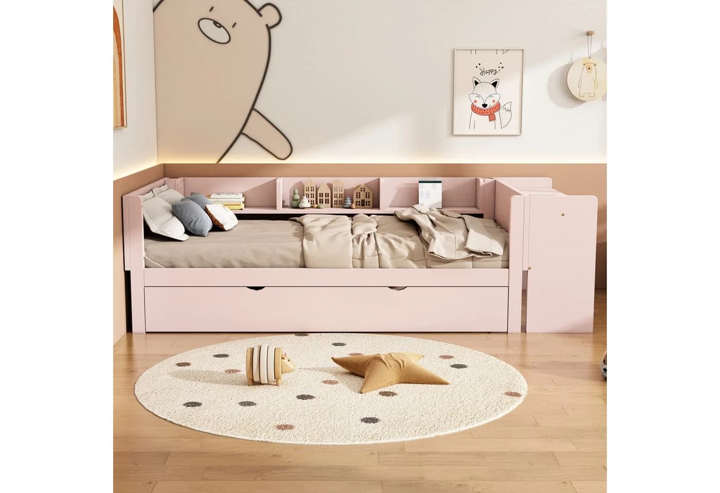 TavilaEcon Multifunktionales Kinderbett mit Schreibtisch & Ausziehbett Rosa