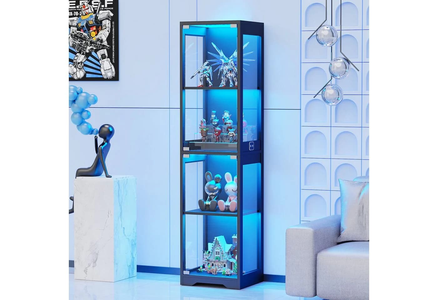 BROTTAR Glasvitrine Ausstellungsschrank mit Glastür 4-stufig Schwarz LED-Beleuchtung