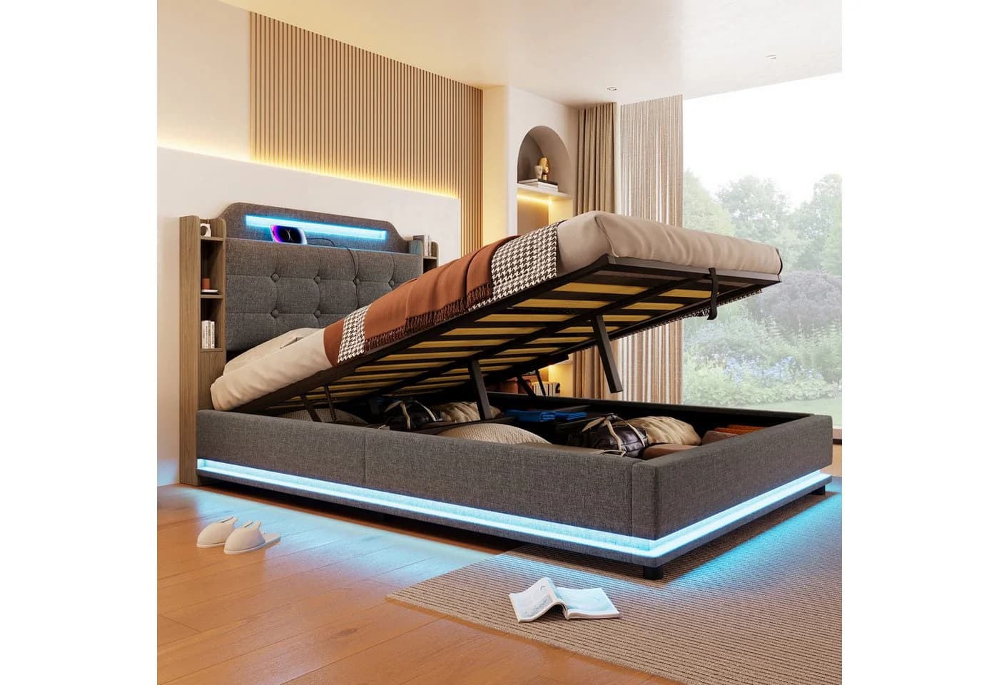 TavilaEcon Boxspringbett Beige/Grau Leinenstoff MDF-Umweltplatten