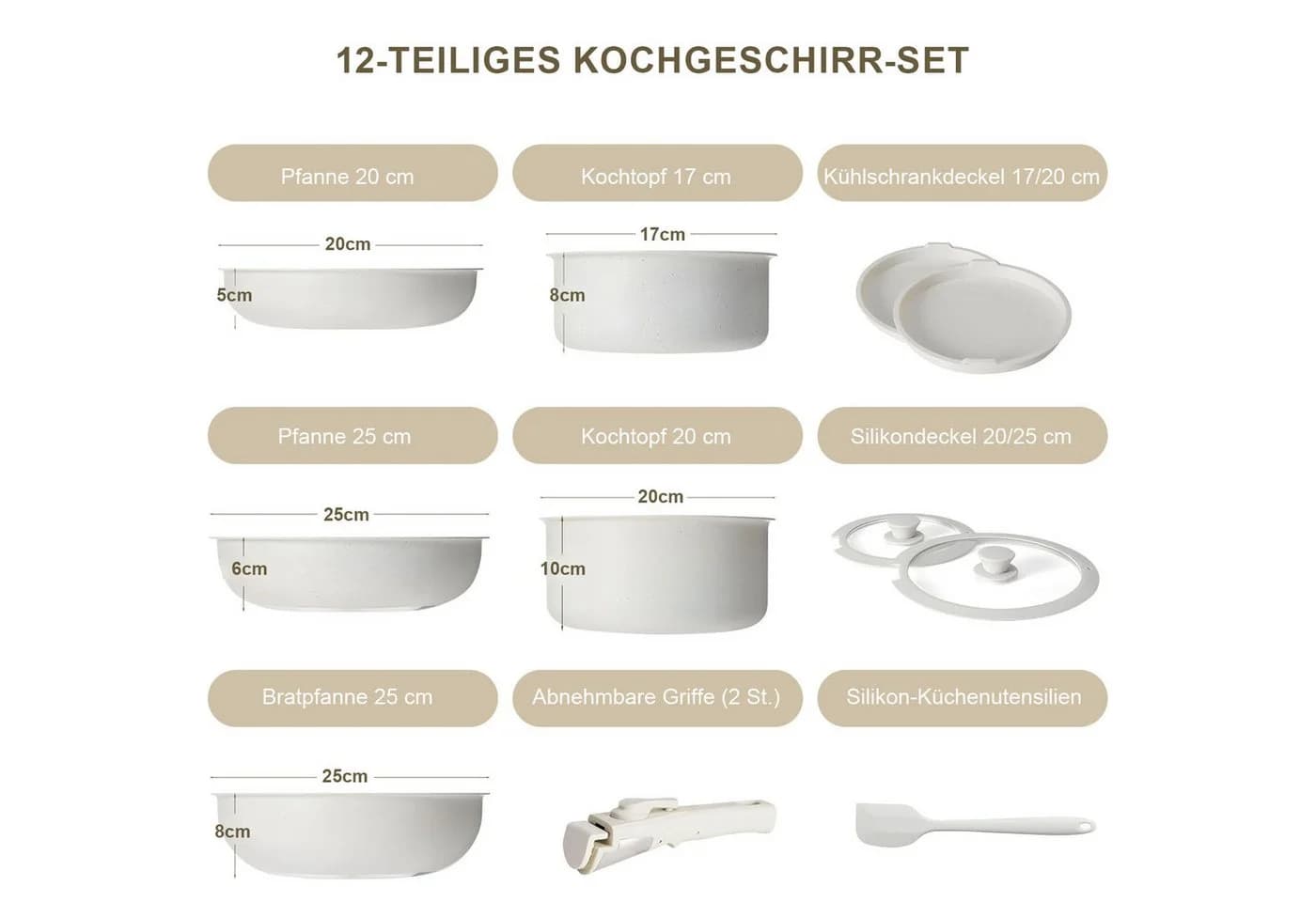 HEYHIPPO Topf-Set 12-tlg. Creme Aluminium Antihaft