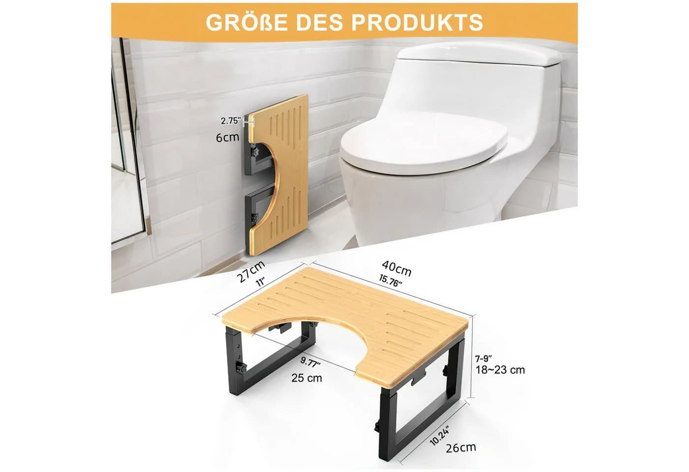 HEYHIPPO Tritthocker Klappbarer Toilettenhocker Höhenverstellbarer Bambus