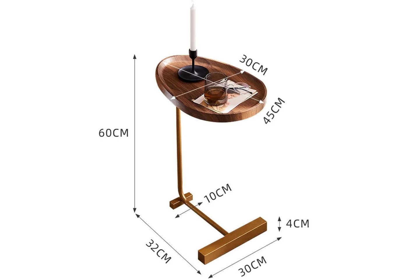 HEYHIPPO C-Beistelltisch mit Holzplatte und Metallgestell, Sofatisch 60 cm hoch Walnuss Gold