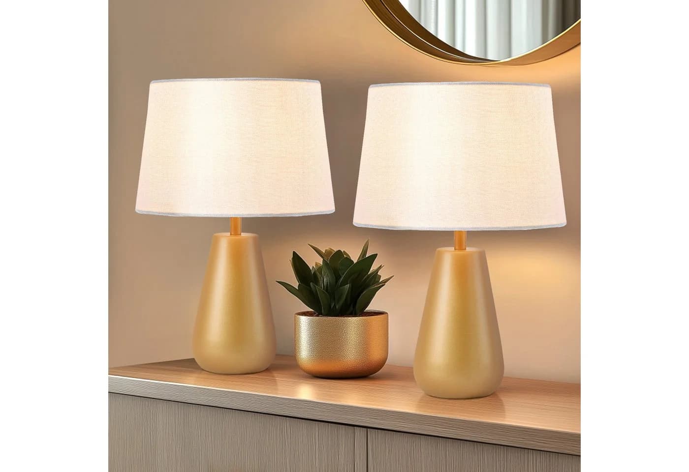 STANBOW LED Nachttischlampe 2-Pack Weiß Gold Leinen