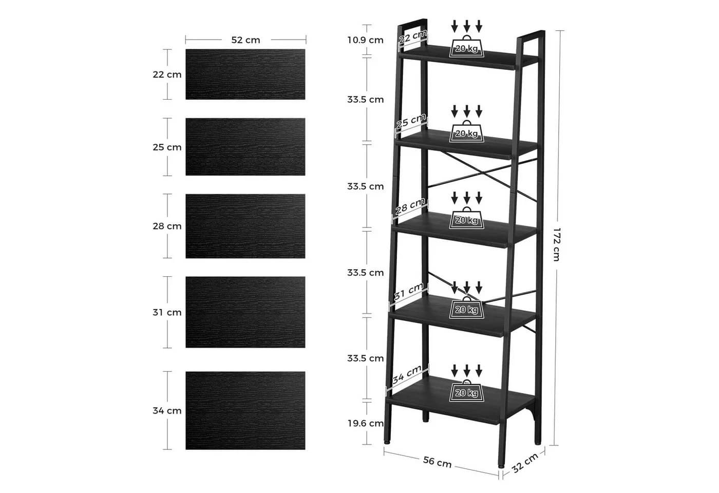 Oak&Tea Bücherregal 5 Ebenen, Leiterregal 172 cm, Offenes Standregal Schwarz