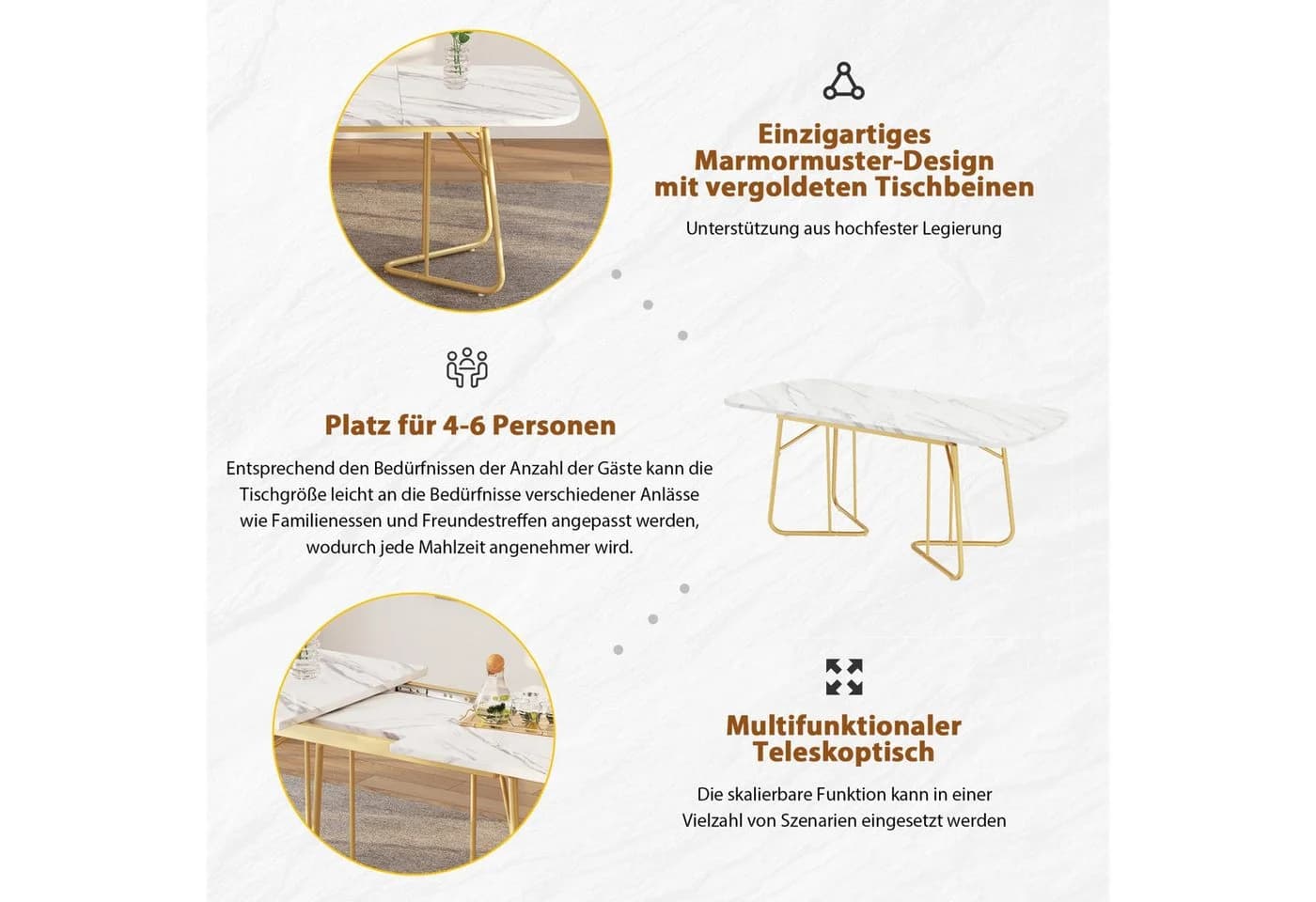 IDEASY Esstisch 140-180x80cm Luxus-Design MDF Gold Metallbeine