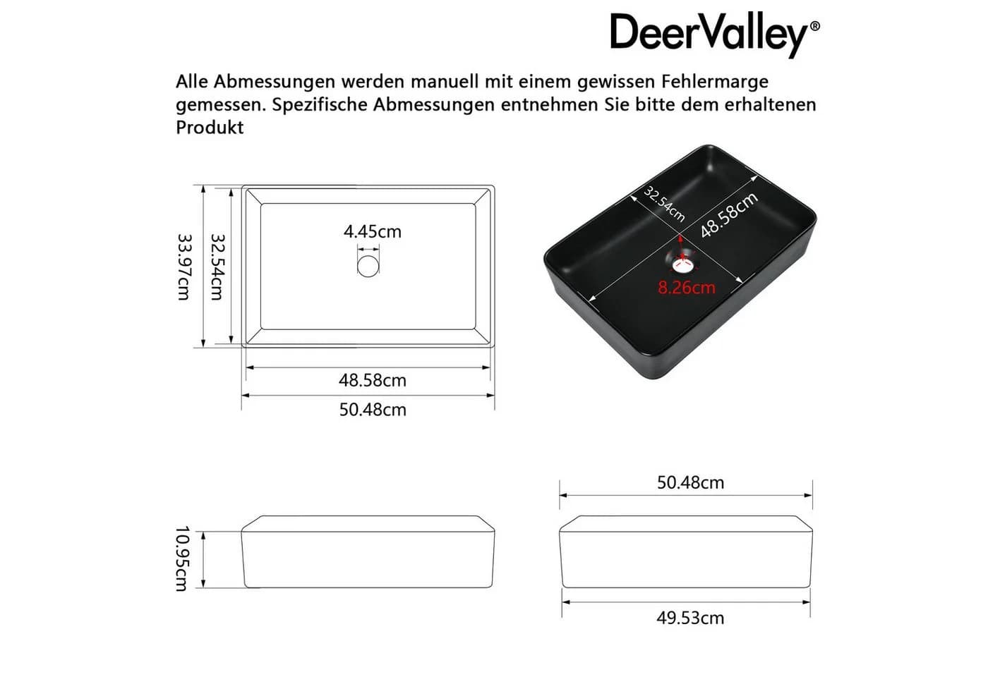 DeerValley Aufsatzwaschbecken Schwarz Rechteckig Keramik
