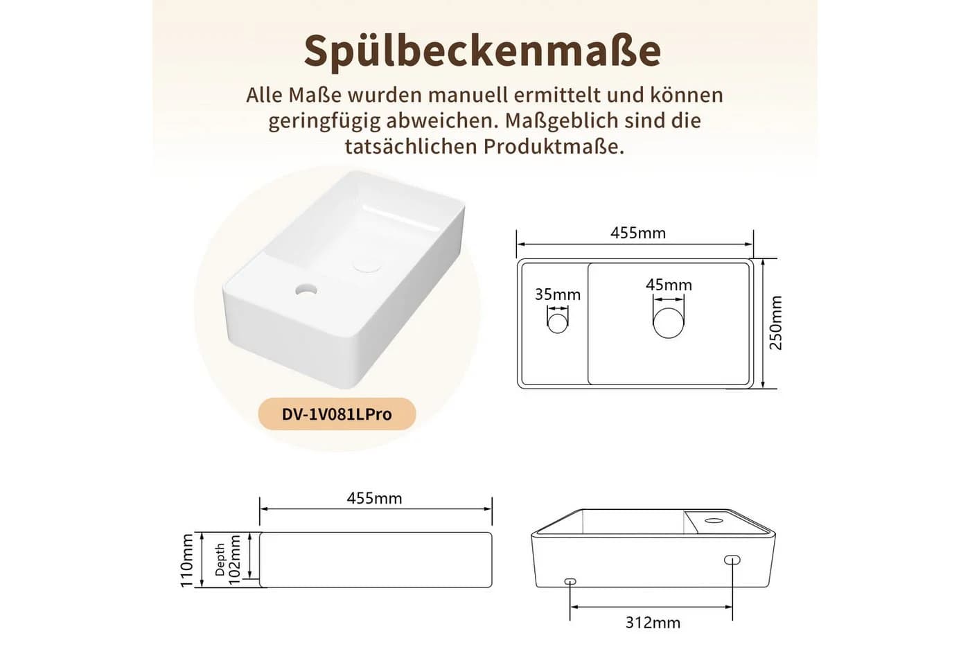 DeerValley Keramik-Wandwaschbecken 45,5 cm Weiß Modern